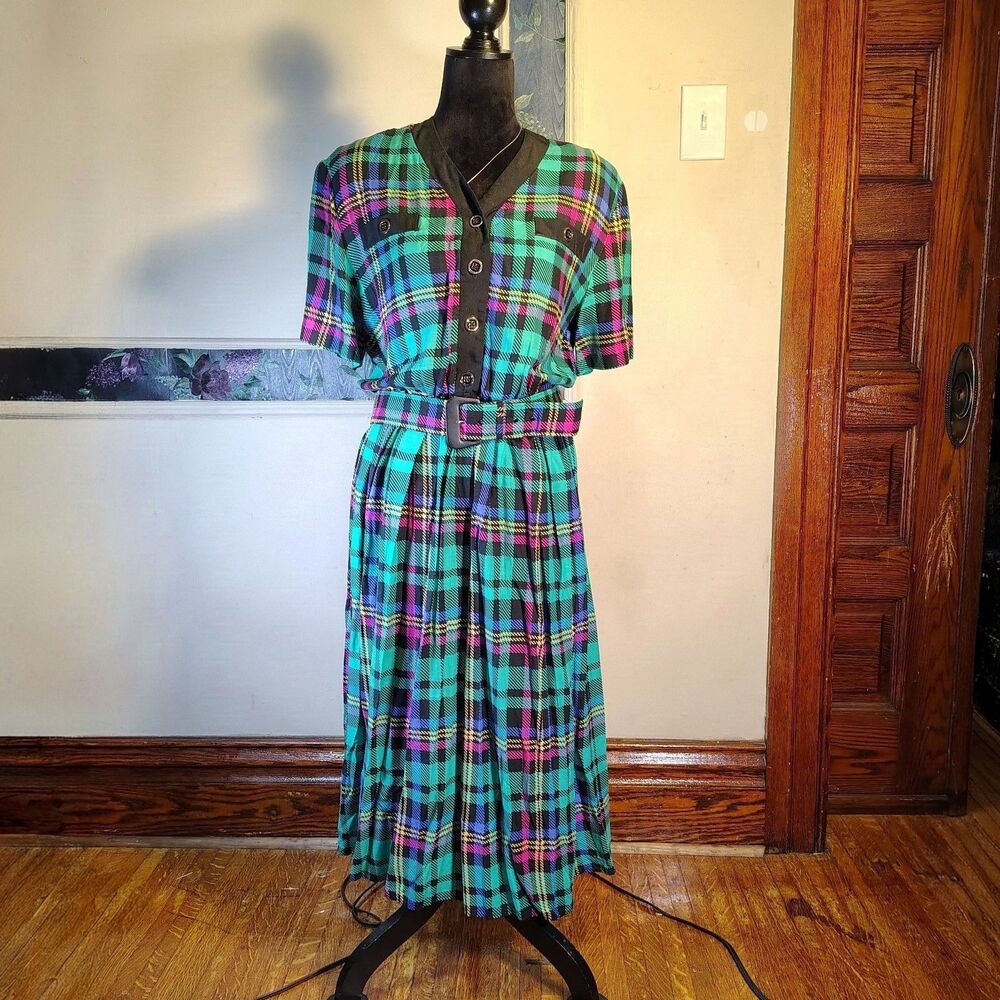 Retro 80s Multicolor Plaid Accordion Dress Office Siren VTG Sz S/M